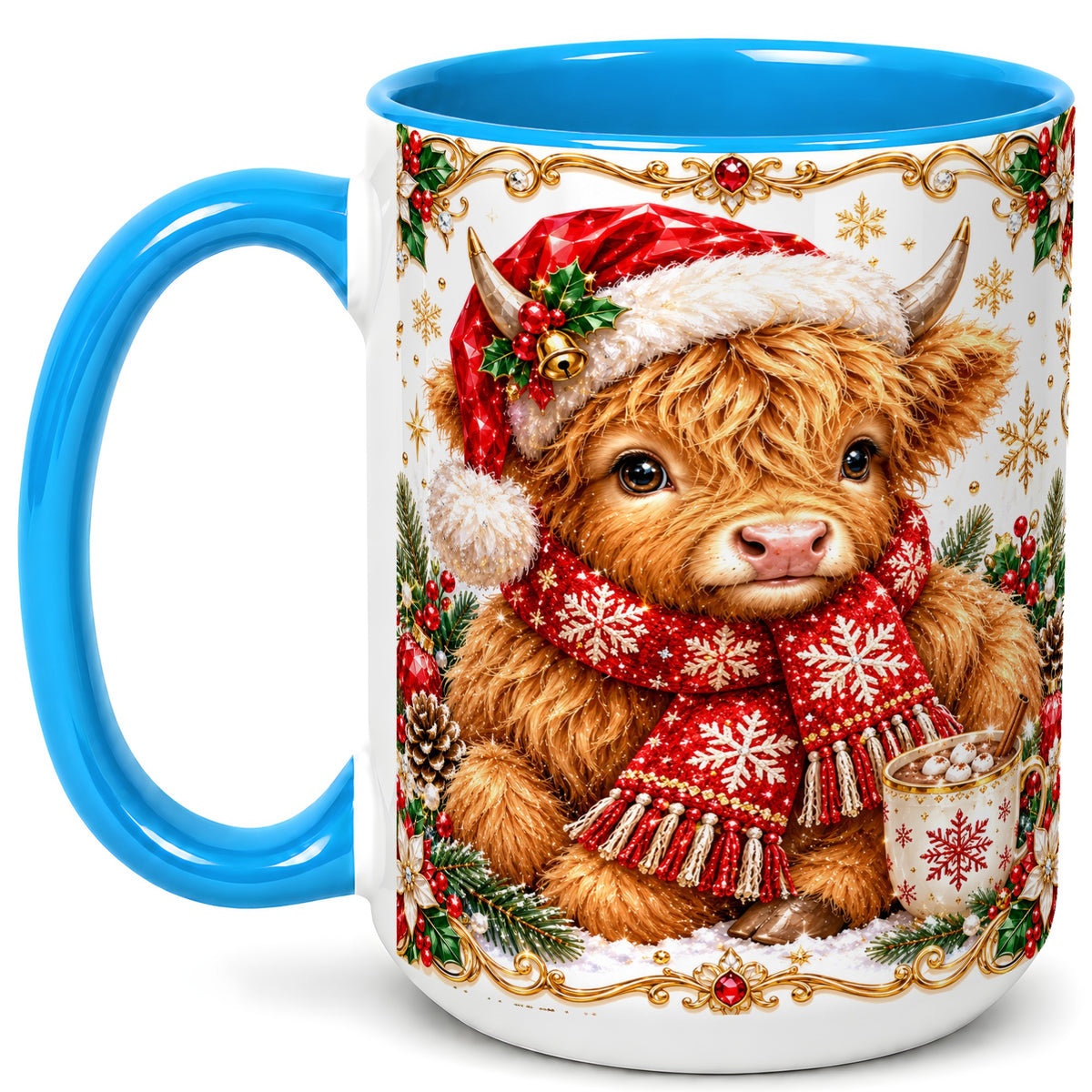 #pl[15oz|Blue] Christmas Highland Cow Coffee Mug, Festive Cow Mug, Ceramic Cup