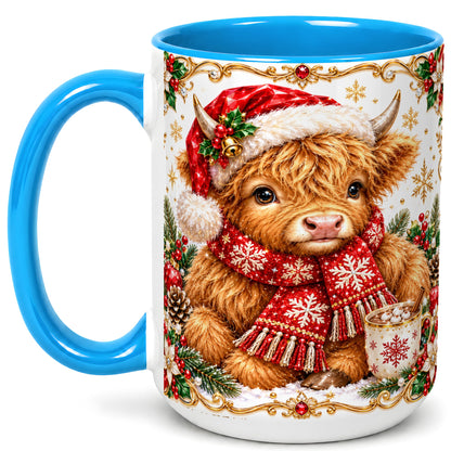 #pl[15oz|Blue] Christmas Highland Cow Coffee Mug, Festive Cow Mug, Ceramic Cup