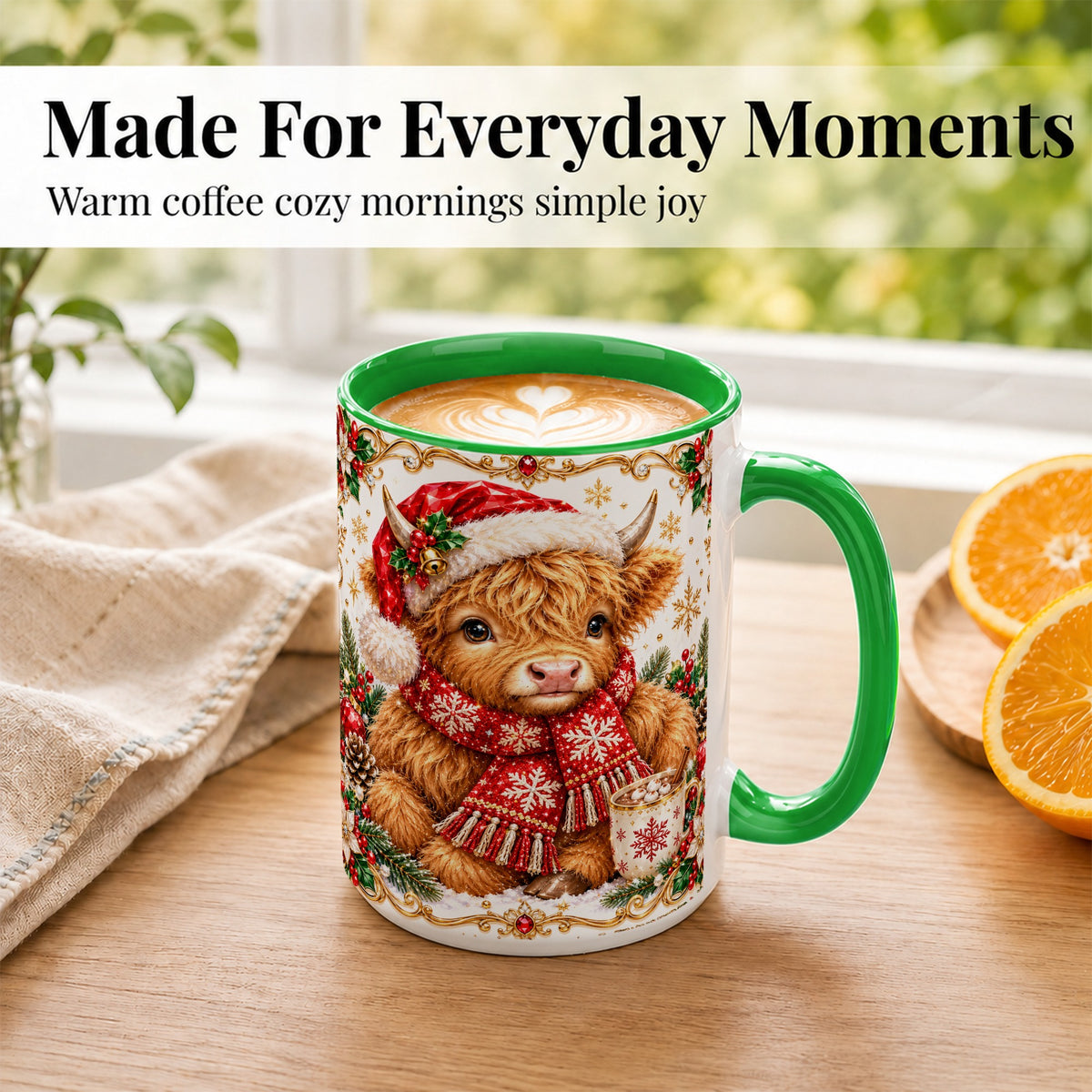 #pl[15oz|Green] Christmas Highland Cow Coffee Mug, Festive Cow Mug, Ceramic Cup
