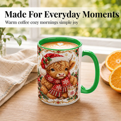 #pl[15oz|Green] Christmas Highland Cow Coffee Mug, Festive Cow Mug, Ceramic Cup
