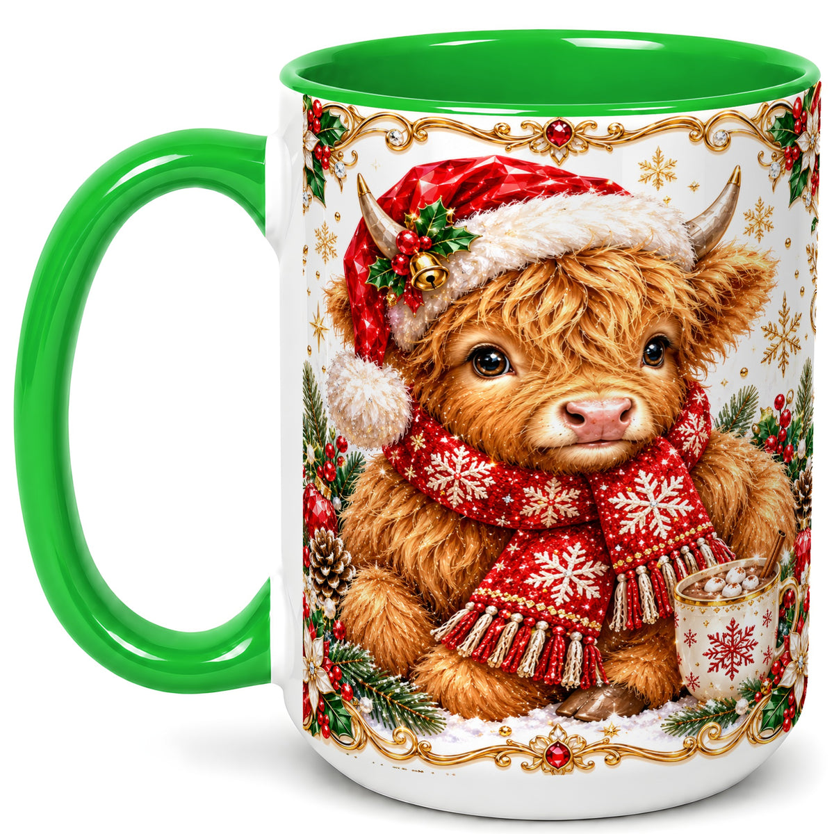 #pl[15oz|Green] Christmas Highland Cow Coffee Mug, Festive Cow Mug, Ceramic Cup