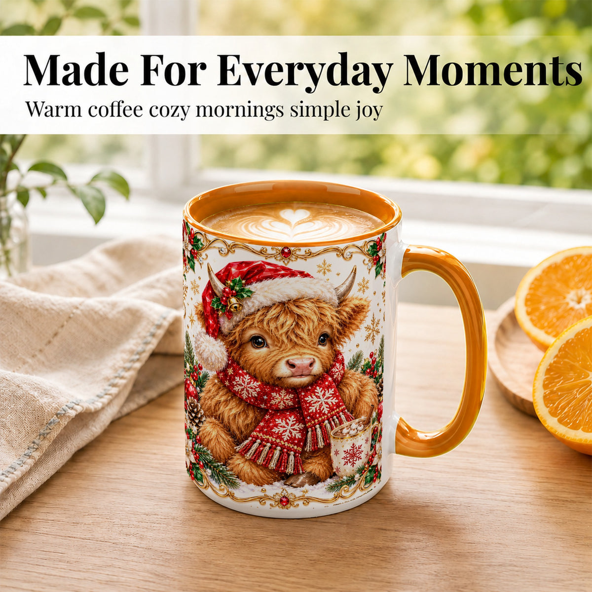 #pl[15oz|Orange] Christmas Highland Cow Coffee Mug, Festive Cow Mug, Ceramic Cup