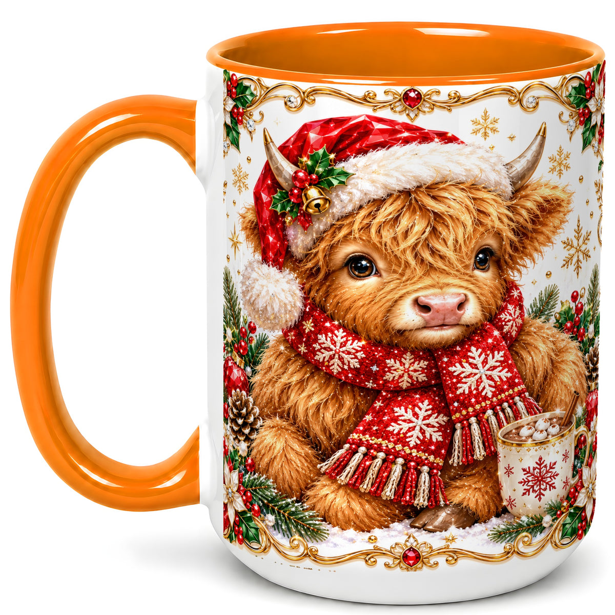 #pl[15oz|Orange] Christmas Highland Cow Coffee Mug, Festive Cow Mug, Ceramic Cup
