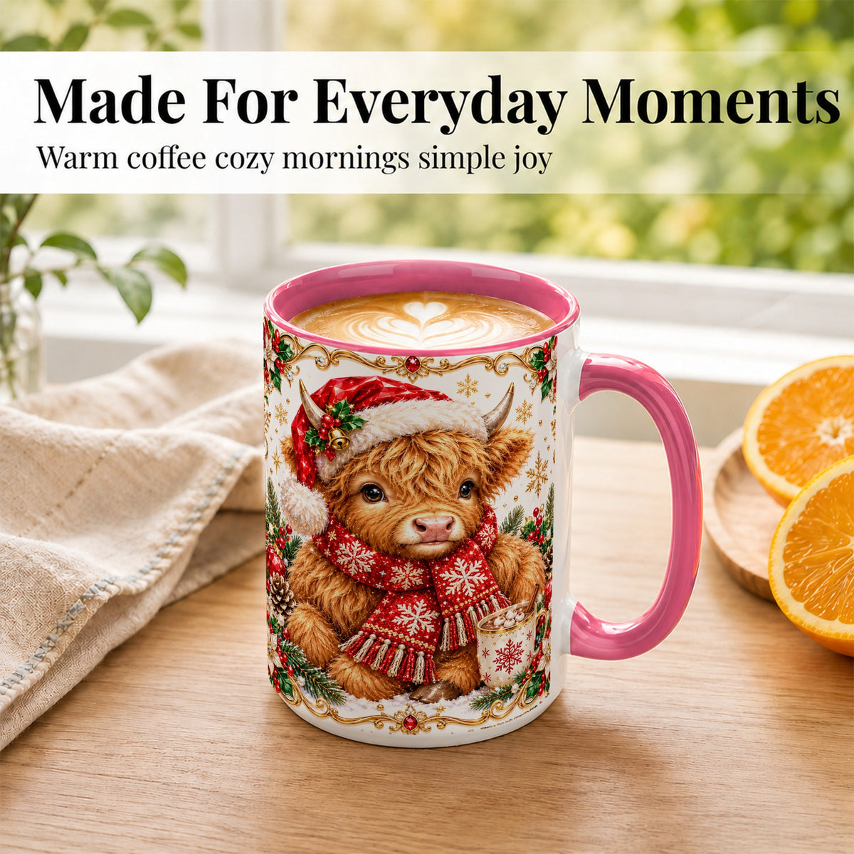 #pl[15oz|Pink] Christmas Highland Cow Coffee Mug, Festive Cow Mug, Ceramic Cup