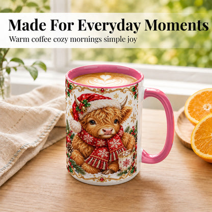 #pl[15oz|Pink] Christmas Highland Cow Coffee Mug, Festive Cow Mug, Ceramic Cup