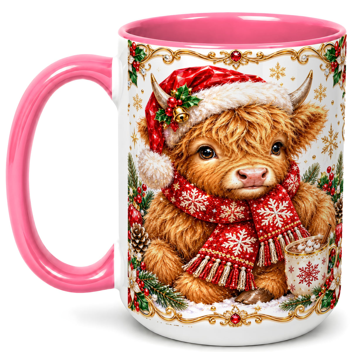 #pl[15oz|Pink] Christmas Highland Cow Coffee Mug, Festive Cow Mug, Ceramic Cup