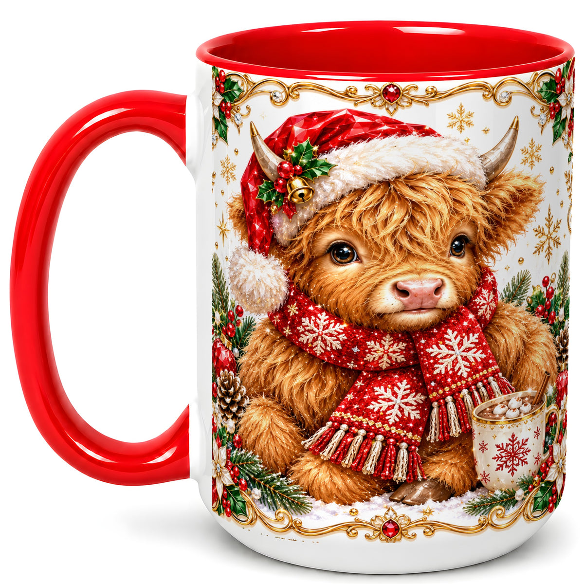 #pl[15oz|Red] Christmas Highland Cow Coffee Mug, Festive Cow Mug, Ceramic Cup