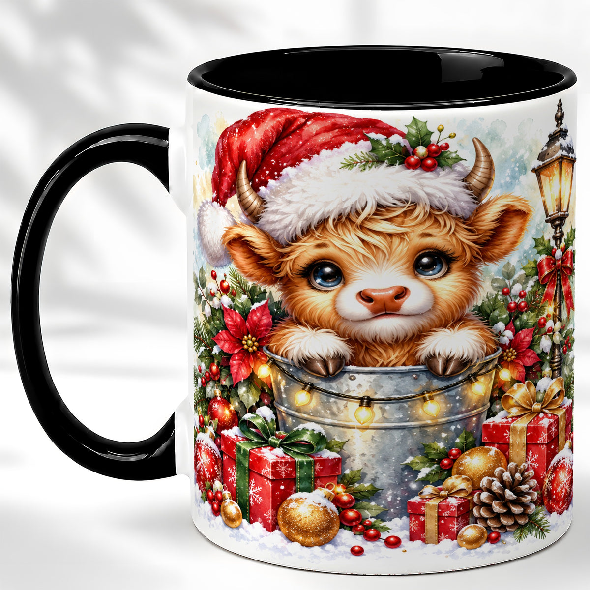 #pl[11oz|Black] Christmas Highland Cow Coffee Mug, Winter Cow Mug, Ceramic Cup