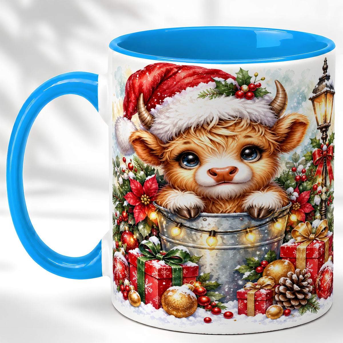 #pl[11oz|Blue] Christmas Highland Cow Coffee Mug, Winter Cow Mug, Ceramic Cup