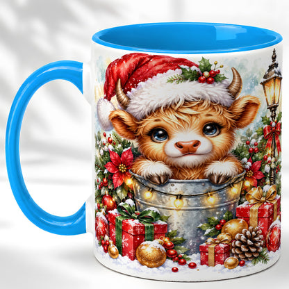 #pl[11oz|Blue] Christmas Highland Cow Coffee Mug, Winter Cow Mug, Ceramic Cup