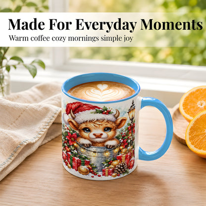 #pl[11oz|Blue] Christmas Highland Cow Coffee Mug, Winter Cow Mug, Ceramic Cup