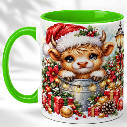 #pl[11oz|Green] Christmas Highland Cow Coffee Mug, Winter Cow Mug, Ceramic Cup