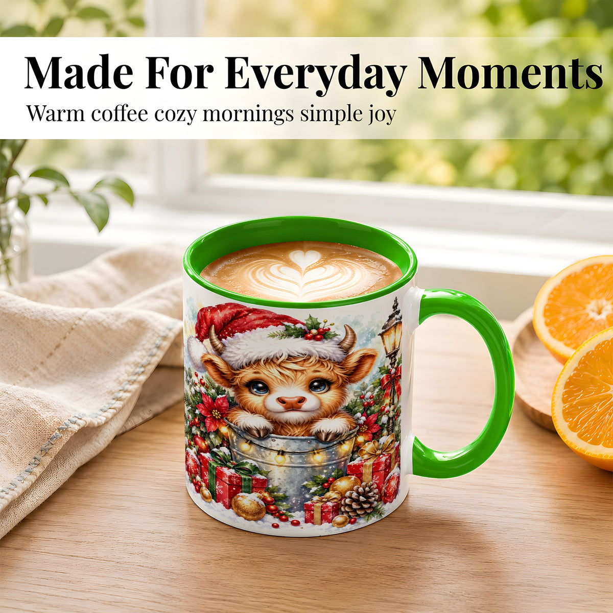 #pl[11oz|Green] Christmas Highland Cow Coffee Mug, Winter Cow Mug, Ceramic Cup