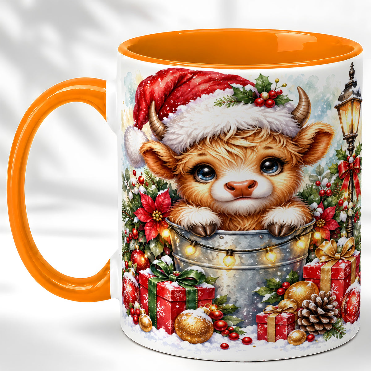#pl[11oz|Orange] Christmas Highland Cow Coffee Mug, Winter Cow Mug, Ceramic Cup