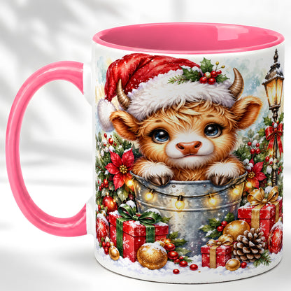 #pl[11oz|Pink] Christmas Highland Cow Coffee Mug, Winter Cow Mug, Ceramic Cup