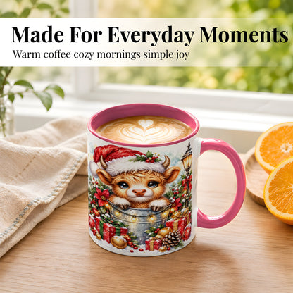 #pl[11oz|Pink] Christmas Highland Cow Coffee Mug, Winter Cow Mug, Ceramic Cup