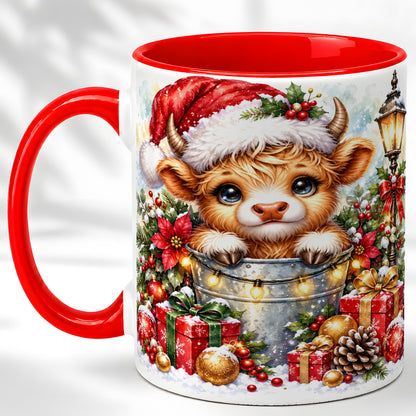Christmas Highland Cow Coffee Mug, Winter Cow Mug, Ceramic Cup