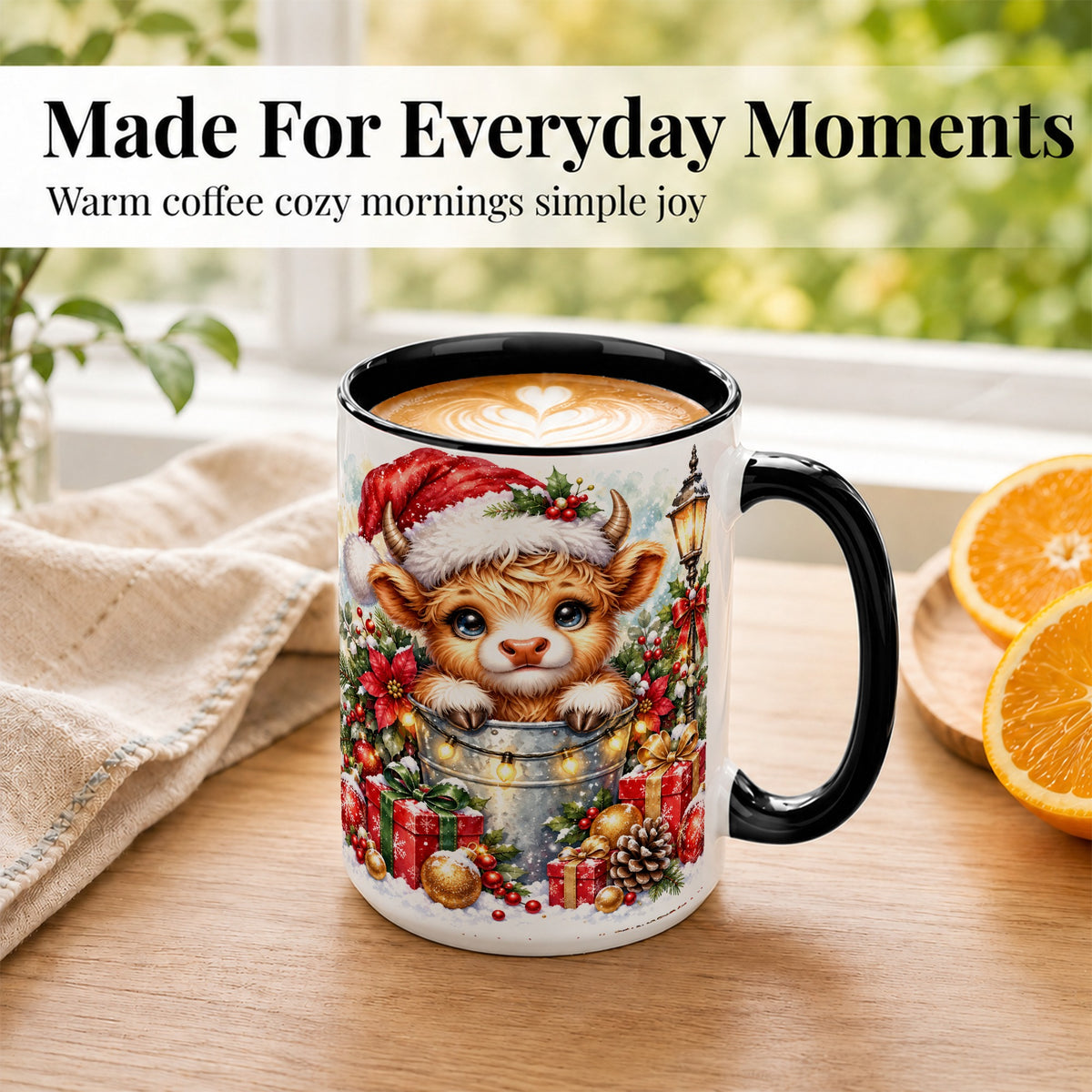 #pl[15oz|Black] Christmas Highland Cow Coffee Mug, Winter Cow Mug, Ceramic Cup