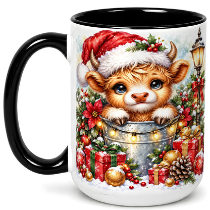 #pl[15oz|Black] Christmas Highland Cow Coffee Mug, Winter Cow Mug, Ceramic Cup