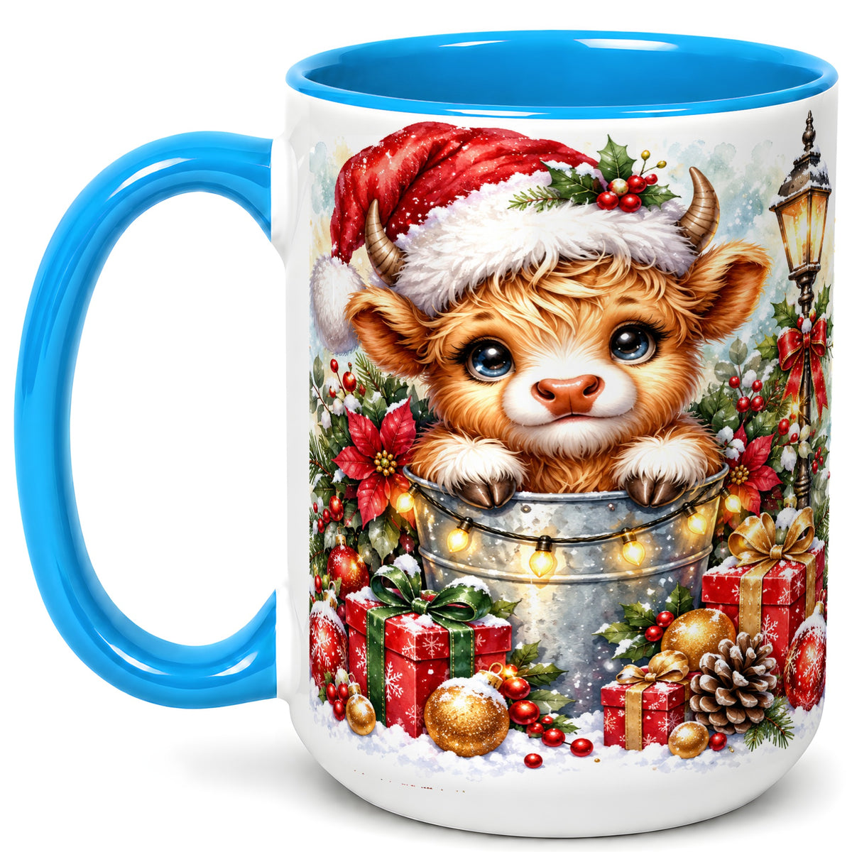 #pl[15oz|Blue] Christmas Highland Cow Coffee Mug, Winter Cow Mug, Ceramic Cup