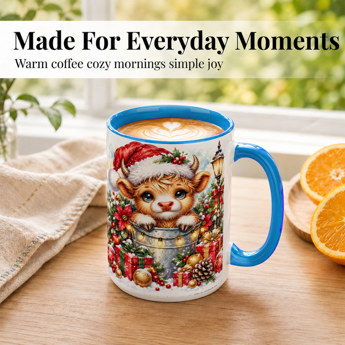 #pl[15oz|Blue] Christmas Highland Cow Coffee Mug, Winter Cow Mug, Ceramic Cup