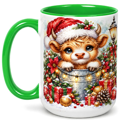 #pl[15oz|Green] Christmas Highland Cow Coffee Mug, Winter Cow Mug, Ceramic Cup