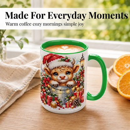 #pl[15oz|Green] Christmas Highland Cow Coffee Mug, Winter Cow Mug, Ceramic Cup