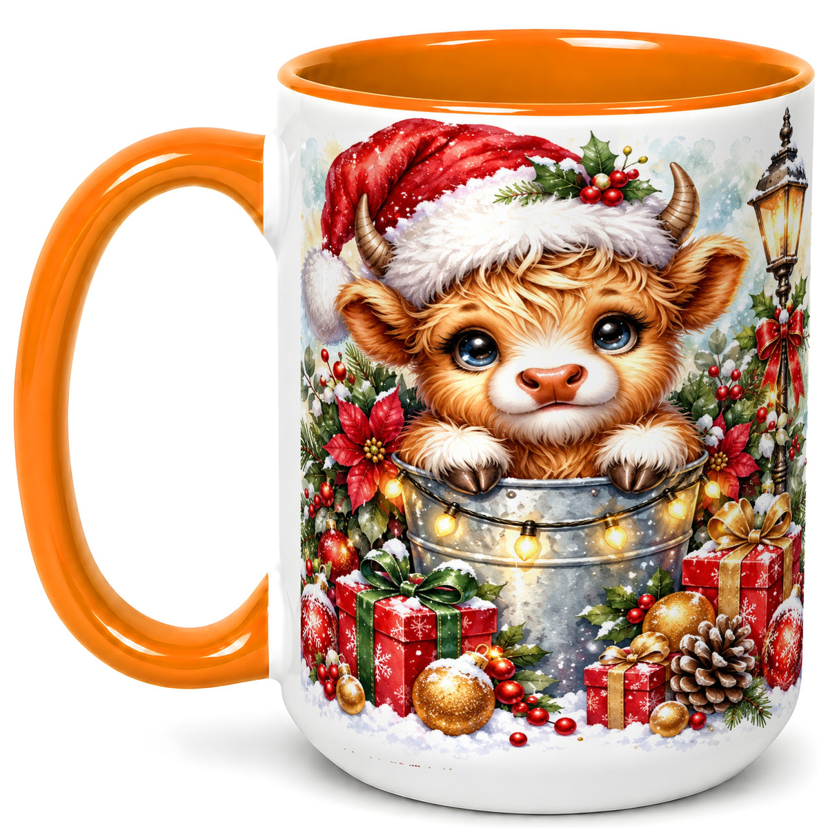 #pl[15oz|Orange] Christmas Highland Cow Coffee Mug, Winter Cow Mug, Ceramic Cup