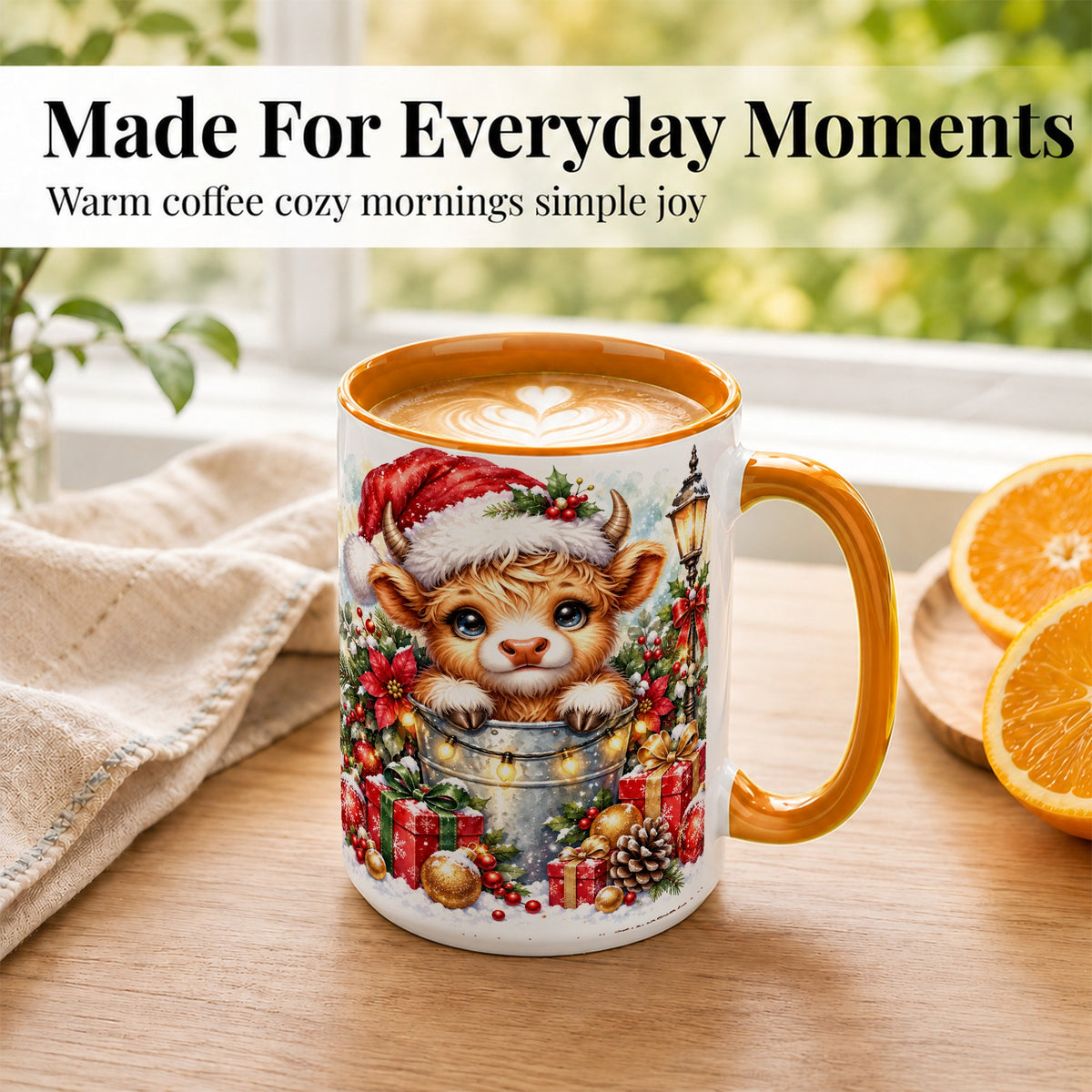 #pl[15oz|Orange] Christmas Highland Cow Coffee Mug, Winter Cow Mug, Ceramic Cup