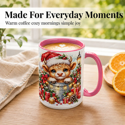 #pl[15oz|Pink] Christmas Highland Cow Coffee Mug, Winter Cow Mug, Ceramic Cup