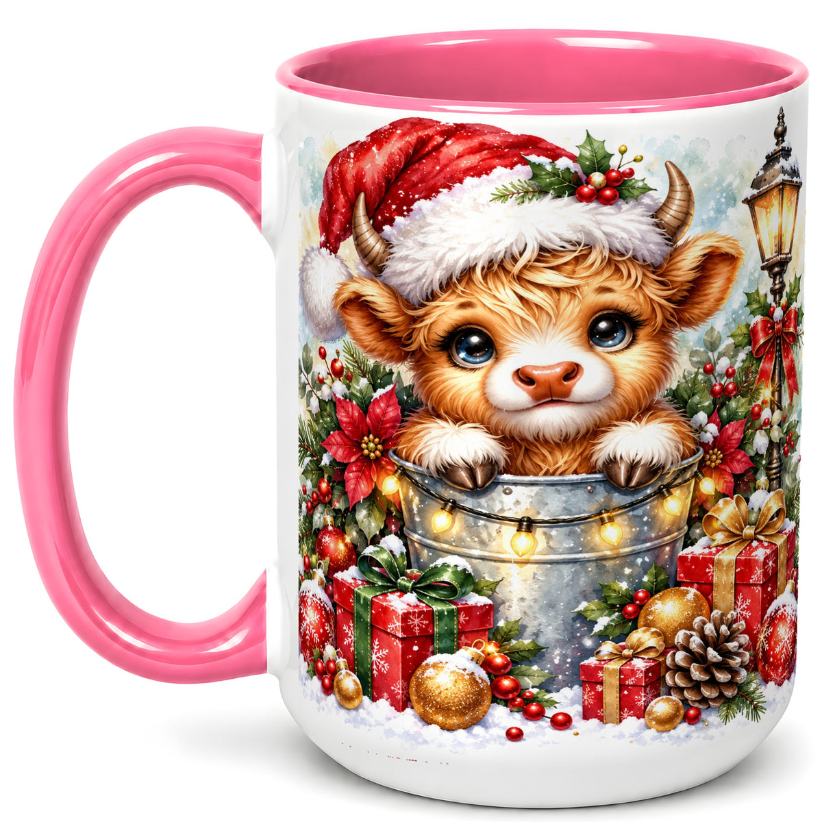 #pl[15oz|Pink] Christmas Highland Cow Coffee Mug, Winter Cow Mug, Ceramic Cup