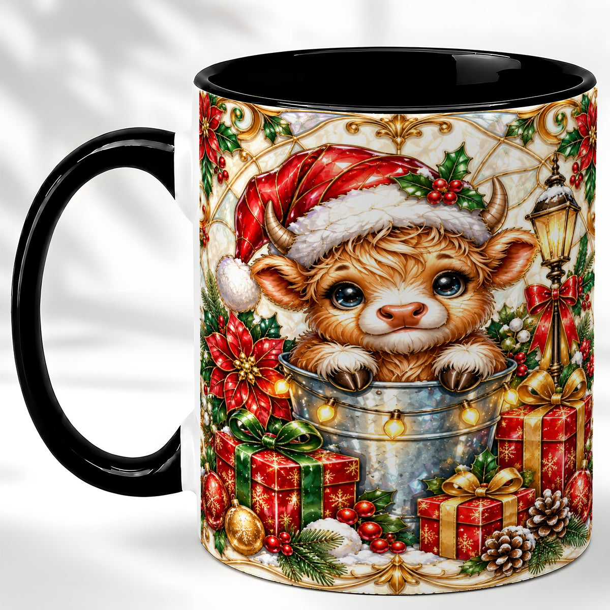 #pl[11oz|Black] Christmas Highland Cow Coffee Mug, Ornate Cow Mug, Ceramic Cup