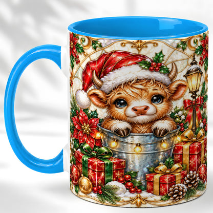 #pl[11oz|Blue] Christmas Highland Cow Coffee Mug, Ornate Cow Mug, Ceramic Cup