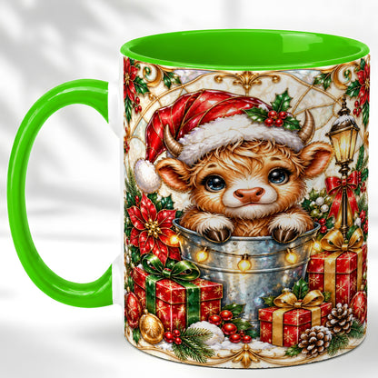 #pl[11oz|Green] Christmas Highland Cow Coffee Mug, Ornate Cow Mug, Ceramic Cup