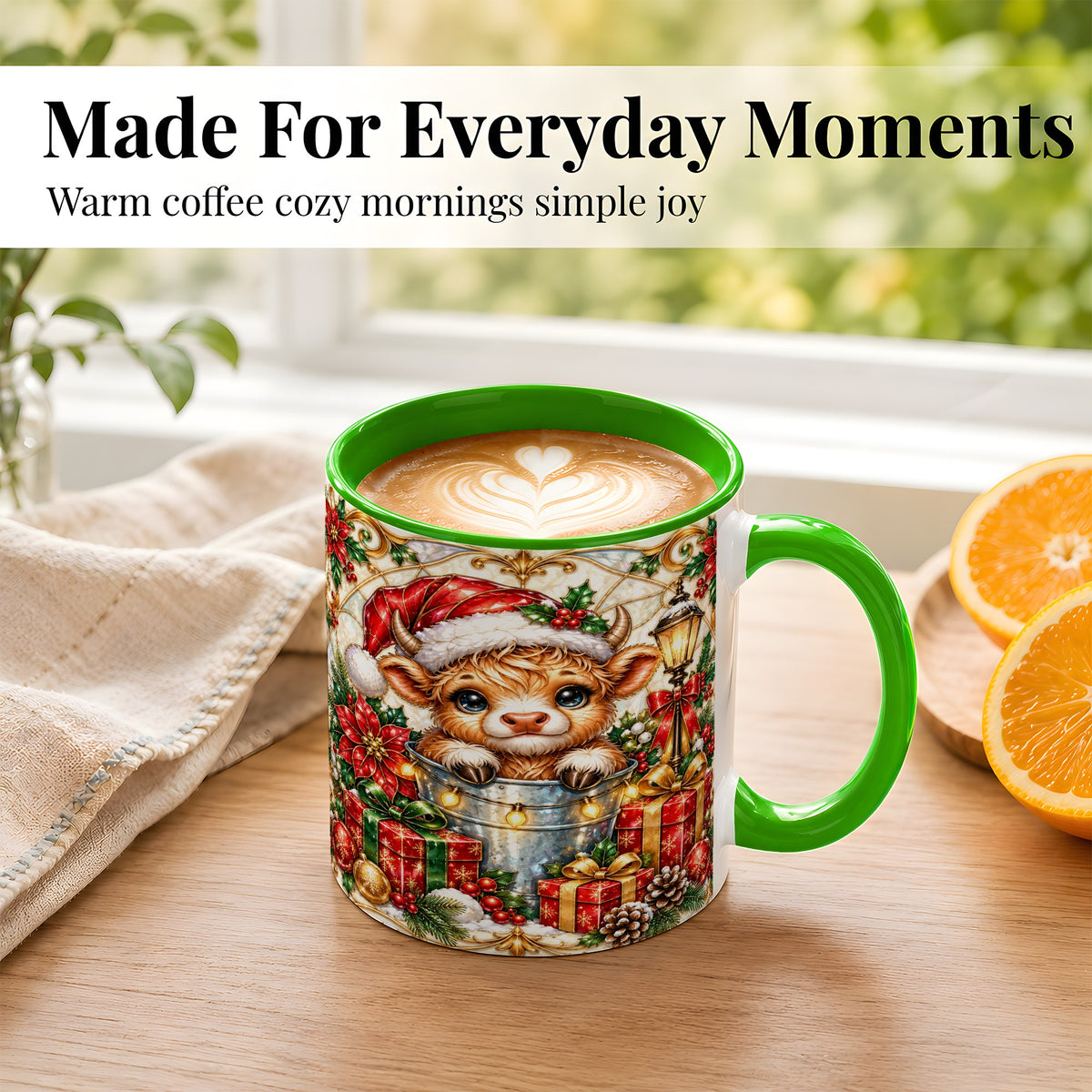 #pl[11oz|Green] Christmas Highland Cow Coffee Mug, Ornate Cow Mug, Ceramic Cup