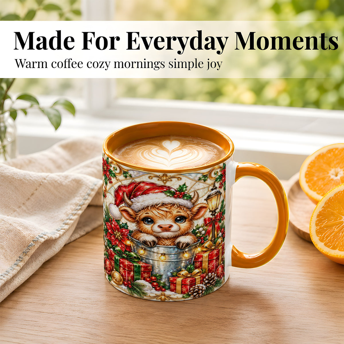 #pl[11oz|Orange] Christmas Highland Cow Coffee Mug, Ornate Cow Mug, Ceramic Cup