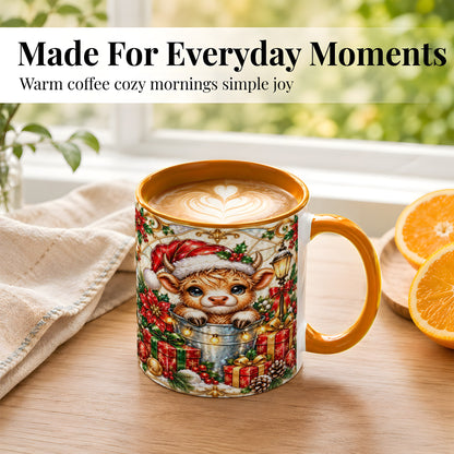 #pl[11oz|Orange] Christmas Highland Cow Coffee Mug, Ornate Cow Mug, Ceramic Cup