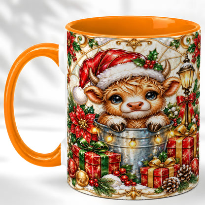 #pl[11oz|Orange] Christmas Highland Cow Coffee Mug, Ornate Cow Mug, Ceramic Cup
