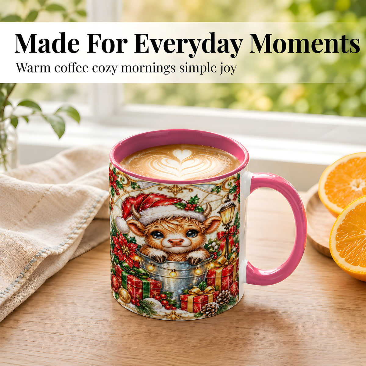 #pl[11oz|Pink] Christmas Highland Cow Coffee Mug, Ornate Cow Mug, Ceramic Cup