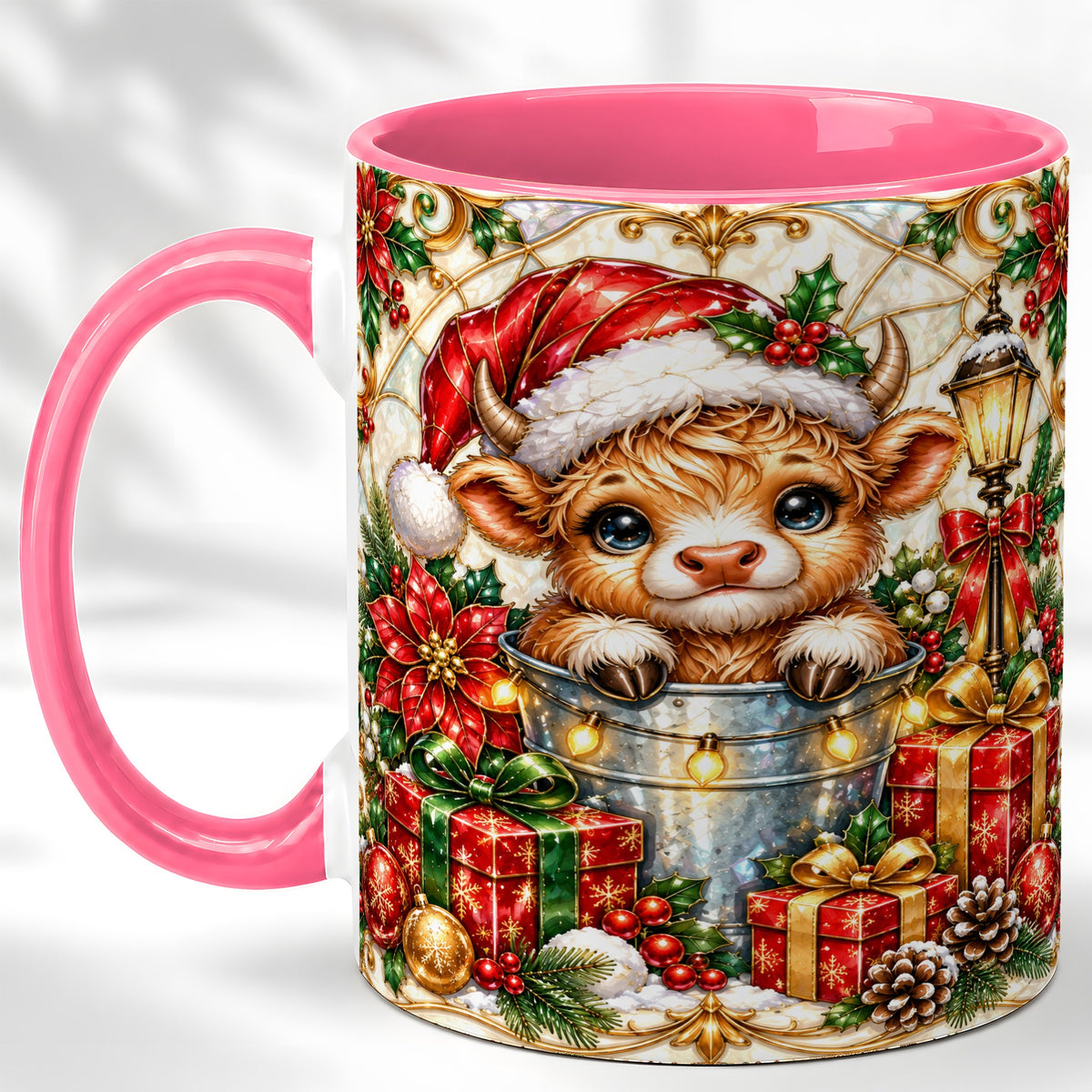 #pl[11oz|Pink] Christmas Highland Cow Coffee Mug, Ornate Cow Mug, Ceramic Cup