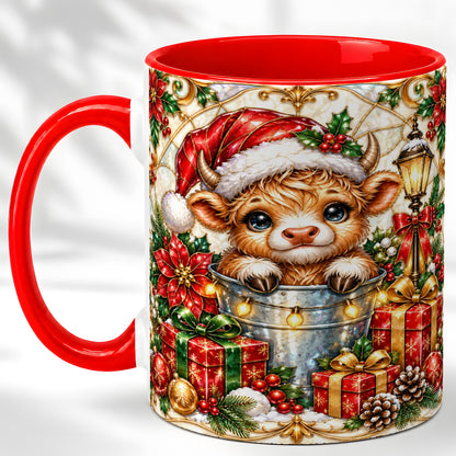 Christmas Highland Cow Coffee Mug, Ornate Cow Mug, Ceramic Cup