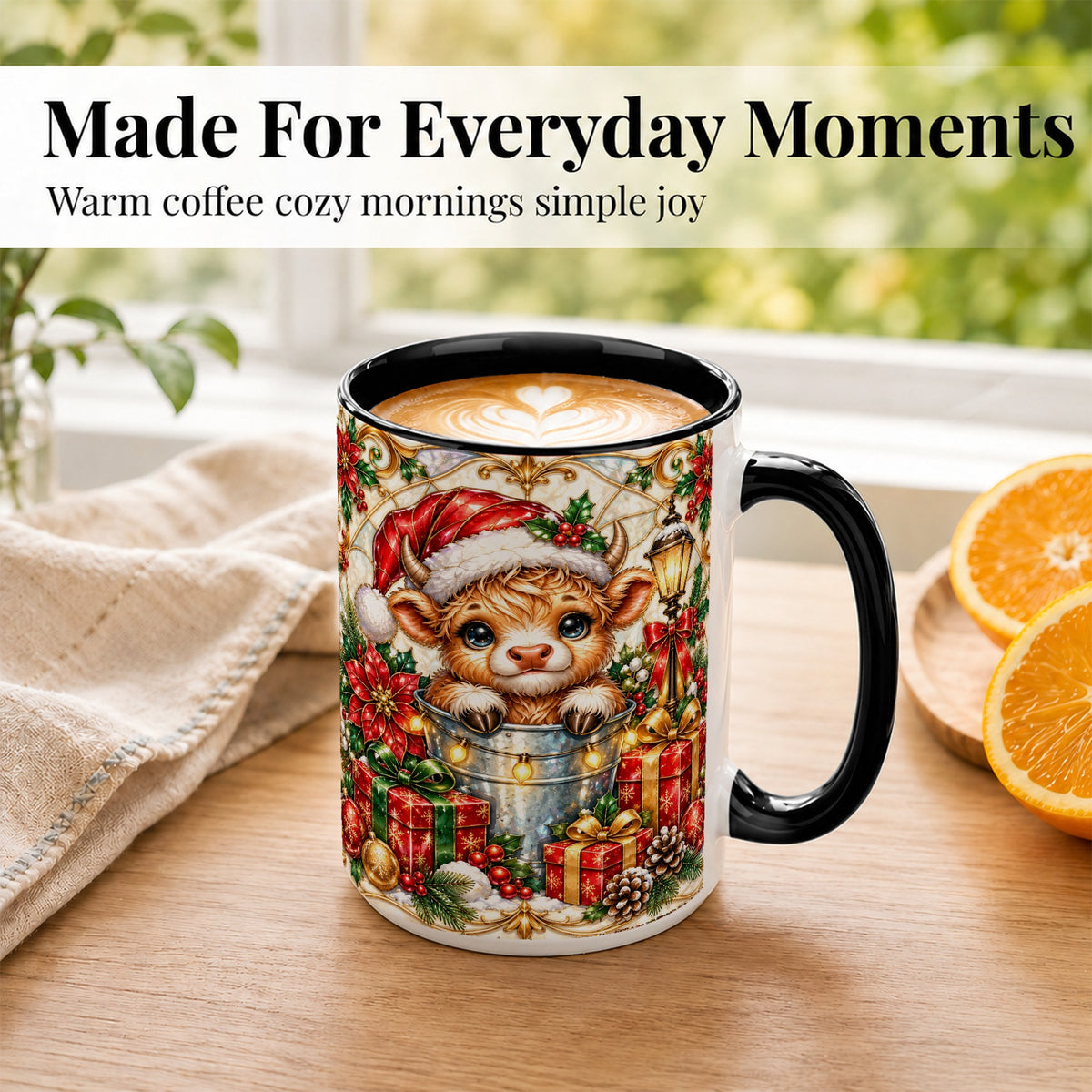#pl[15oz|Black] Christmas Highland Cow Coffee Mug, Ornate Cow Mug, Ceramic Cup