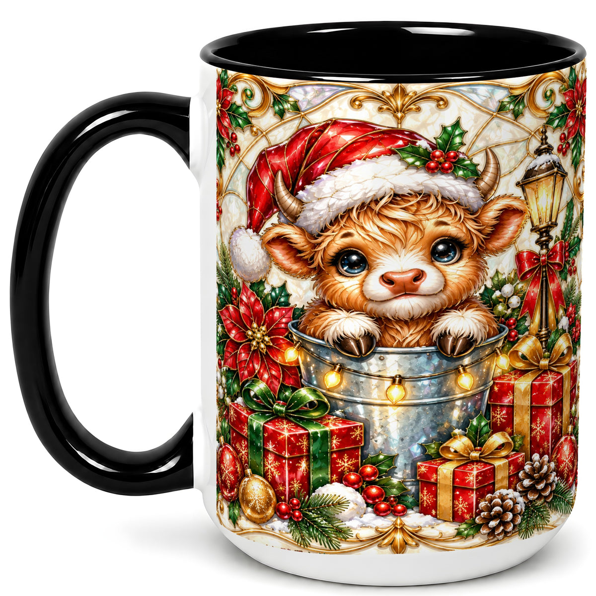 #pl[15oz|Black] Christmas Highland Cow Coffee Mug, Ornate Cow Mug, Ceramic Cup