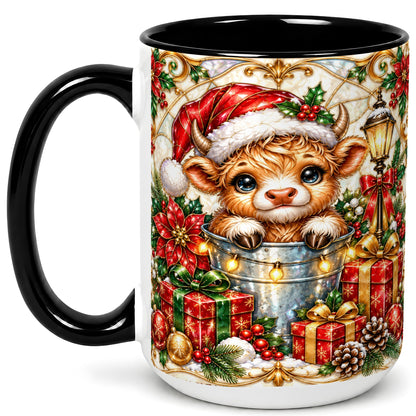 #pl[15oz|Black] Christmas Highland Cow Coffee Mug, Ornate Cow Mug, Ceramic Cup