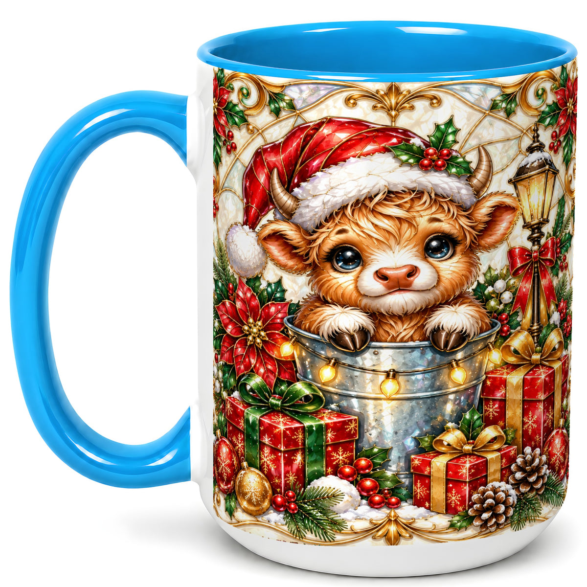 #pl[15oz|Blue] Christmas Highland Cow Coffee Mug, Ornate Cow Mug, Ceramic Cup