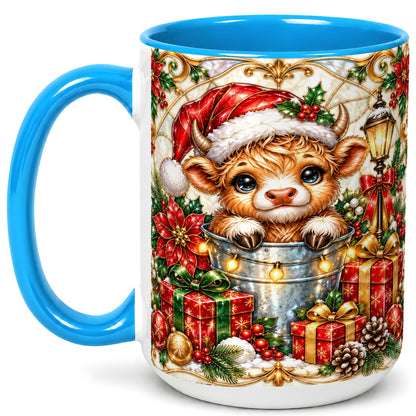 #pl[15oz|Blue] Christmas Highland Cow Coffee Mug, Ornate Cow Mug, Ceramic Cup