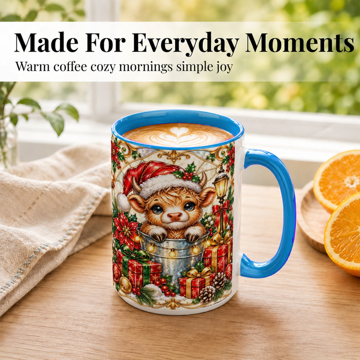 #pl[15oz|Blue] Christmas Highland Cow Coffee Mug, Ornate Cow Mug, Ceramic Cup