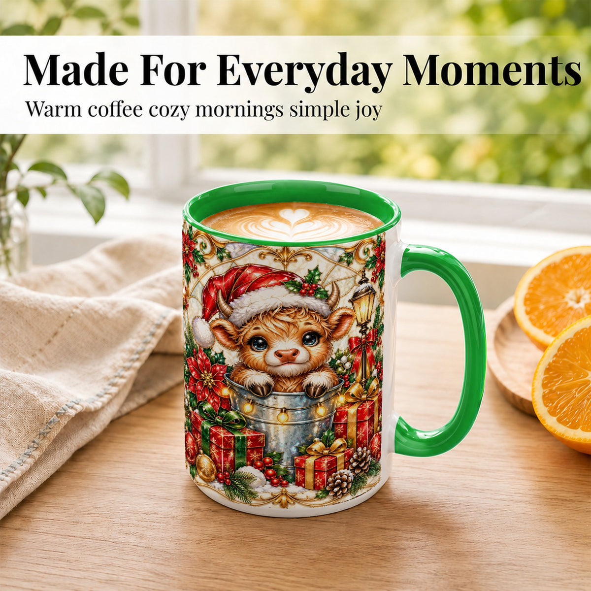 #pl[15oz|Green] Christmas Highland Cow Coffee Mug, Ornate Cow Mug, Ceramic Cup