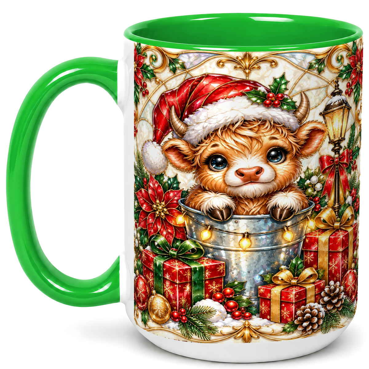 #pl[15oz|Green] Christmas Highland Cow Coffee Mug, Ornate Cow Mug, Ceramic Cup
