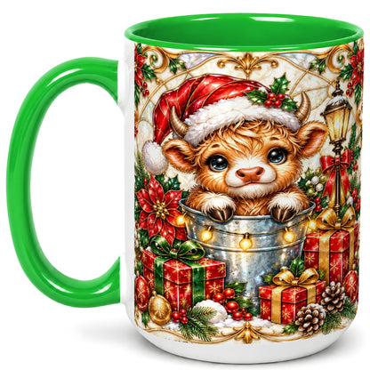 #pl[15oz|Green] Christmas Highland Cow Coffee Mug, Ornate Cow Mug, Ceramic Cup